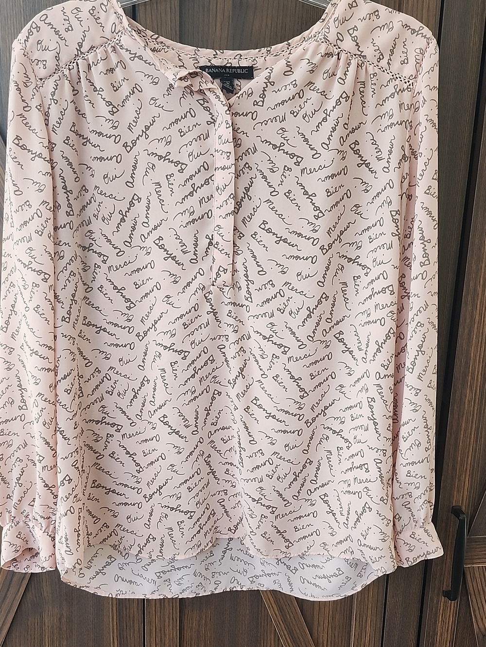 Banana Republic Light Pink Script-Print Long Sleeve Blouse